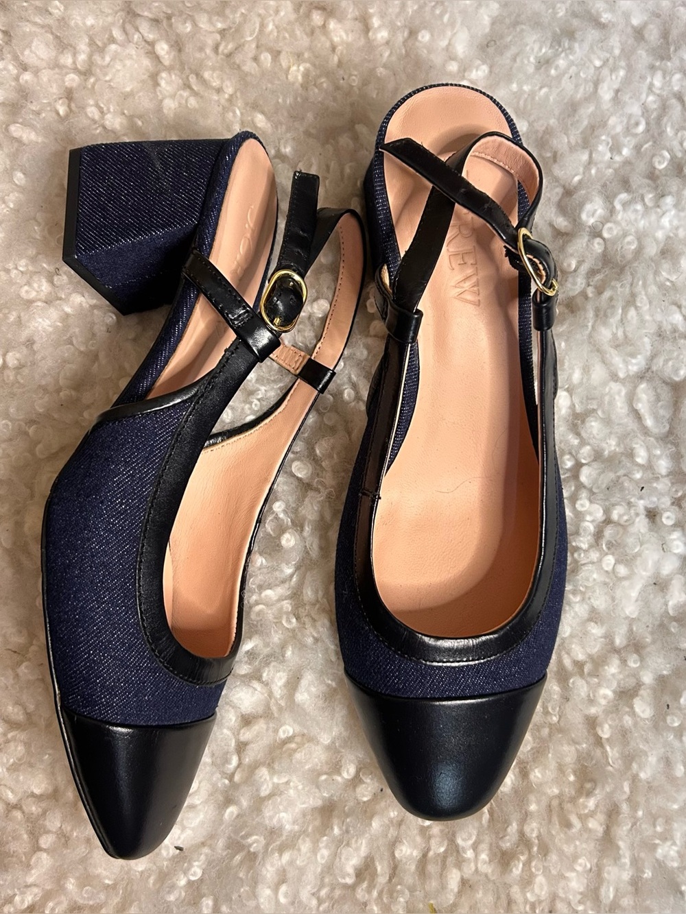 J. Crew dark denim and black leather shoes 7.5 chunky heel slingback